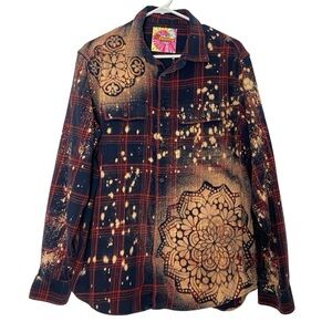 Handmade Floral Flannel Shirt Mens Size Large Unisex Bleached Plaid Button Down